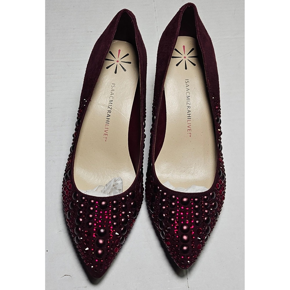 Isaac Mizrahi Live Embellished Velvet‎ Block Heel Pumps Wine Burgundy Womens 6M